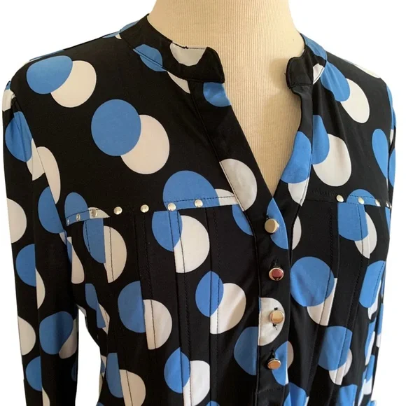 COCOMO Large Black blue white 3/4 sleeve studded women's Pintuck Blouse shirt - Picture 8 of 16